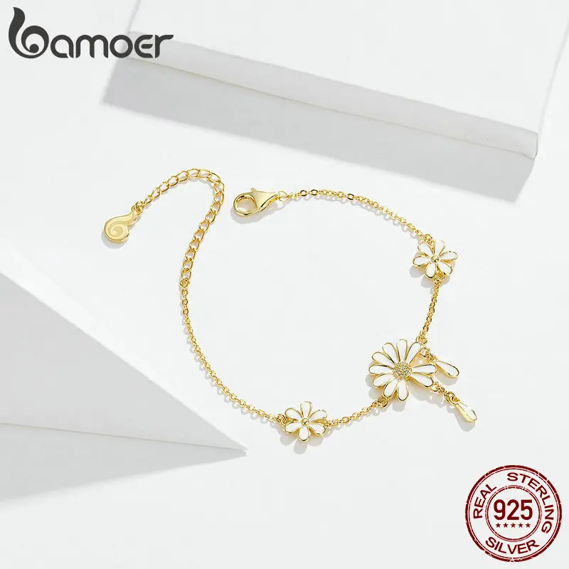 Bamoer Falling Petal Daisy bracelets для женщин, модное ювелирное изделие, белая эмаль, браслет-цепочка с цветами, серебро 925, ювелирное изделие, подарки BSB018