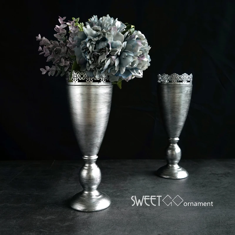 

European Vintage silver home decor vases Dried flower vase suit Flower arranging metal vessel flower vases for weddings HP067