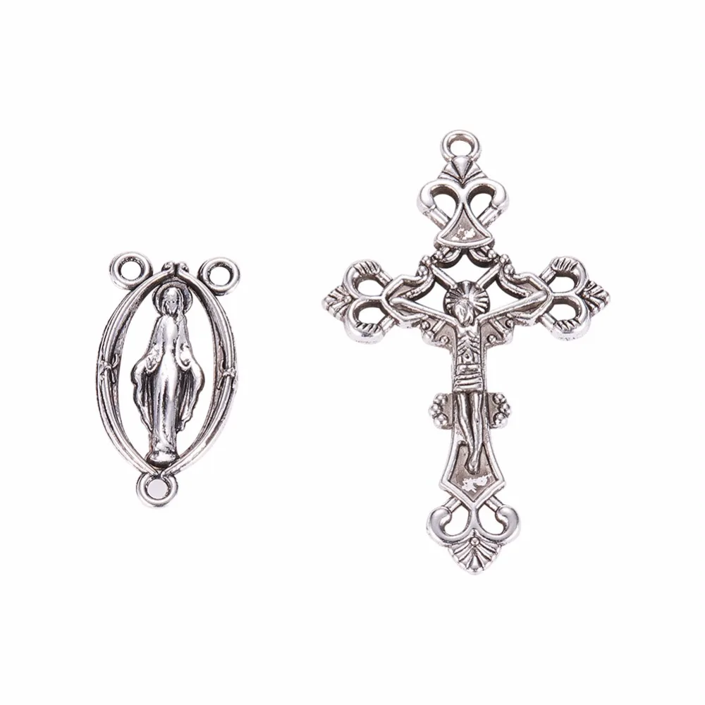 

10pc Alloy Crucifix Cross Pendants Links Antique Silver Color,Maria & Jesus,Center Sets for Rosary Bead Necklace Making