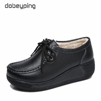 dobeyping new genuine leather woman winter shoes casual flat platform women shoe plush womens loafers slip on female sneakers
