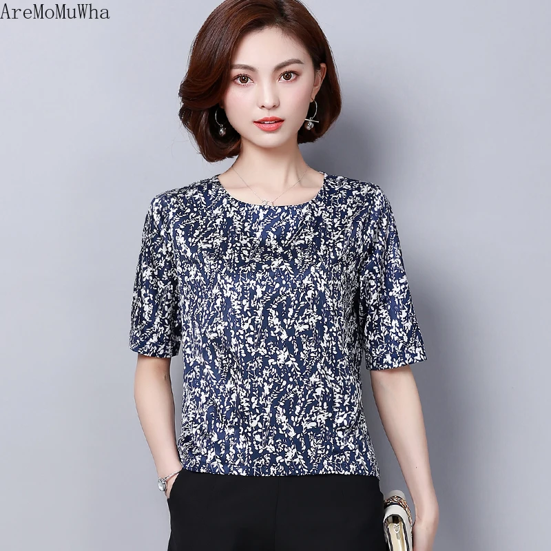 AreMoMuWha Silk Satin Short-sleeved Shirt 2019 Summer New Fashion Small Slim M-4XL shirt Female Womens Shirts MH257 | Женская одежда
