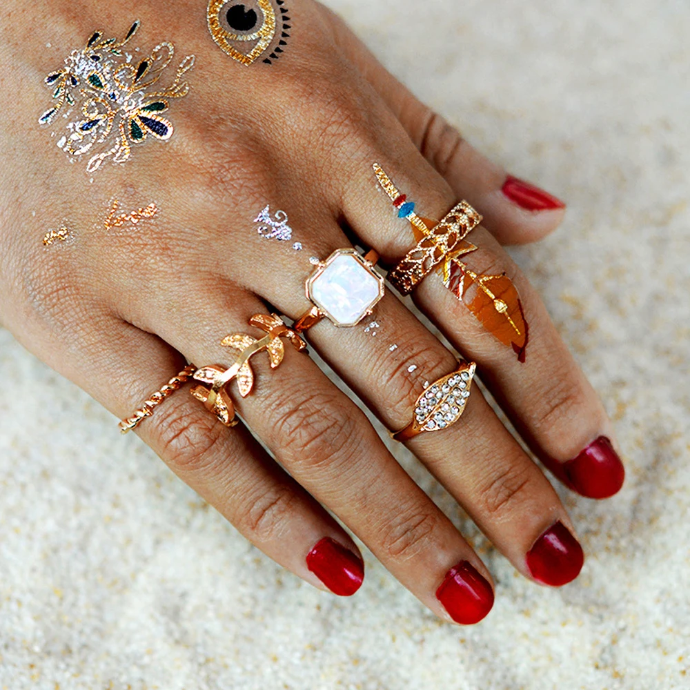 5pcs/set Ethnic Jewelry Boho Chic Gold-Color with Rhinestone Geometric Circle Leaf Pattern Finger Rings Set | Украшения и
