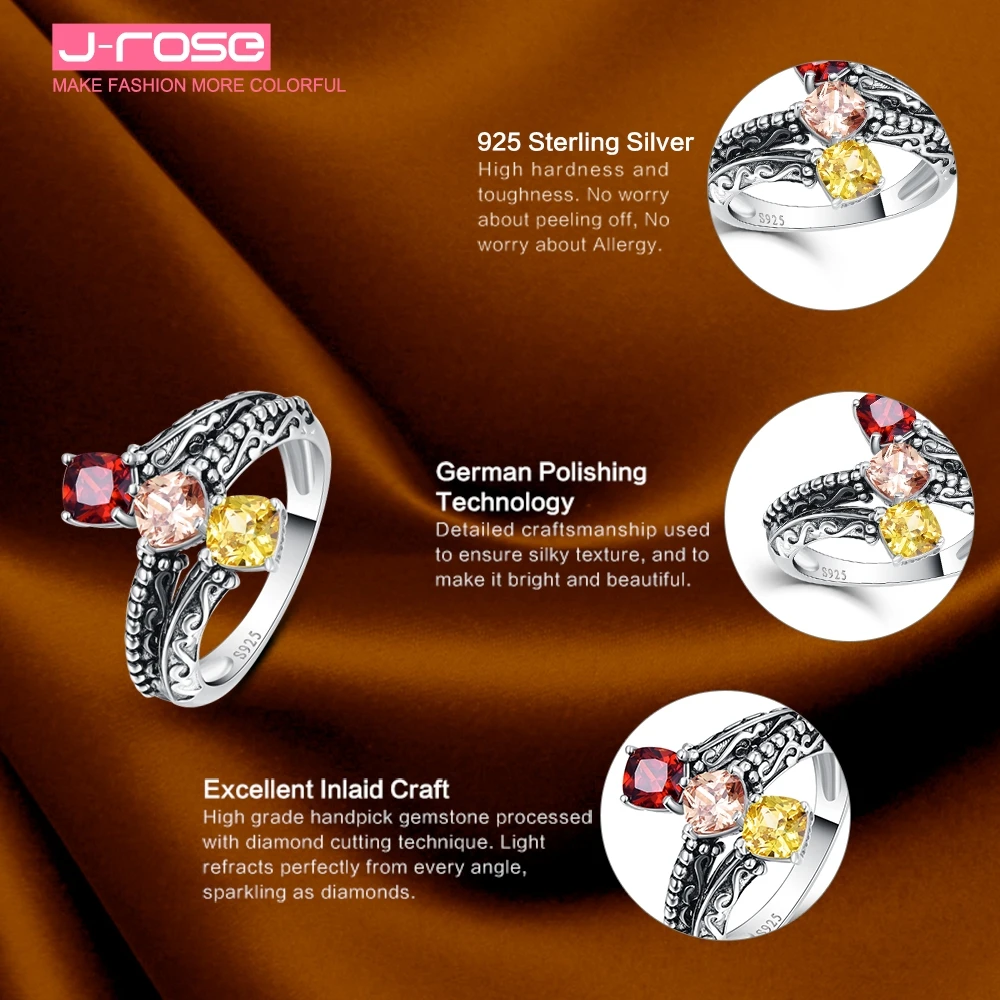 Женское вечернее кольцо Jrose 5*5 мм из 3 камней Morganite &amp Гранат 100% Серебро 925 пробы