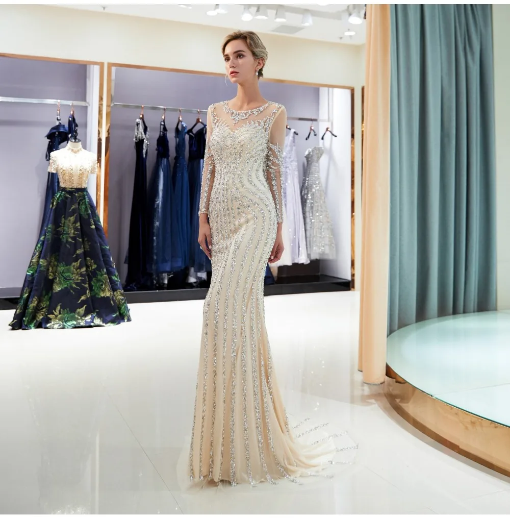 Erosebridal Русалка с длинным рукавом вечернее платье длинное сверкающие бусины с блестками официальная Женская одежда с коротким шлейфом серый цвет шампанского