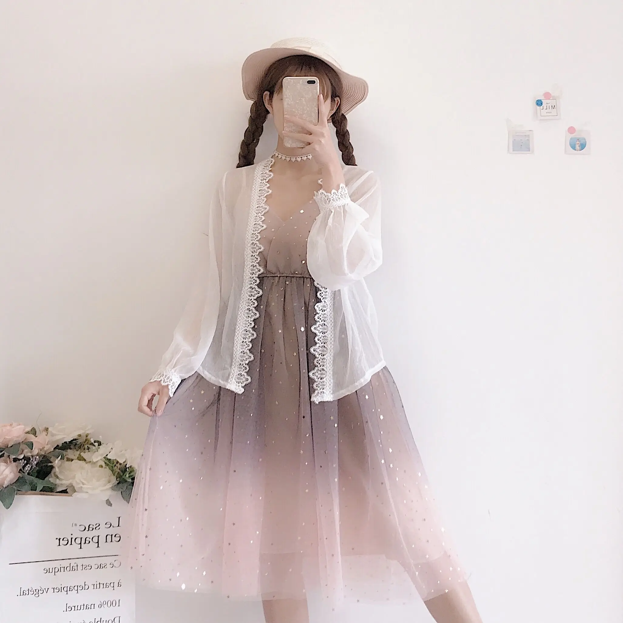 Summer 2019 New Japanese Tens Girls Gradient Color Sling Mesh Dress + Lace Cardigan Top Fashion Temperament Two-piece Suit | Женская