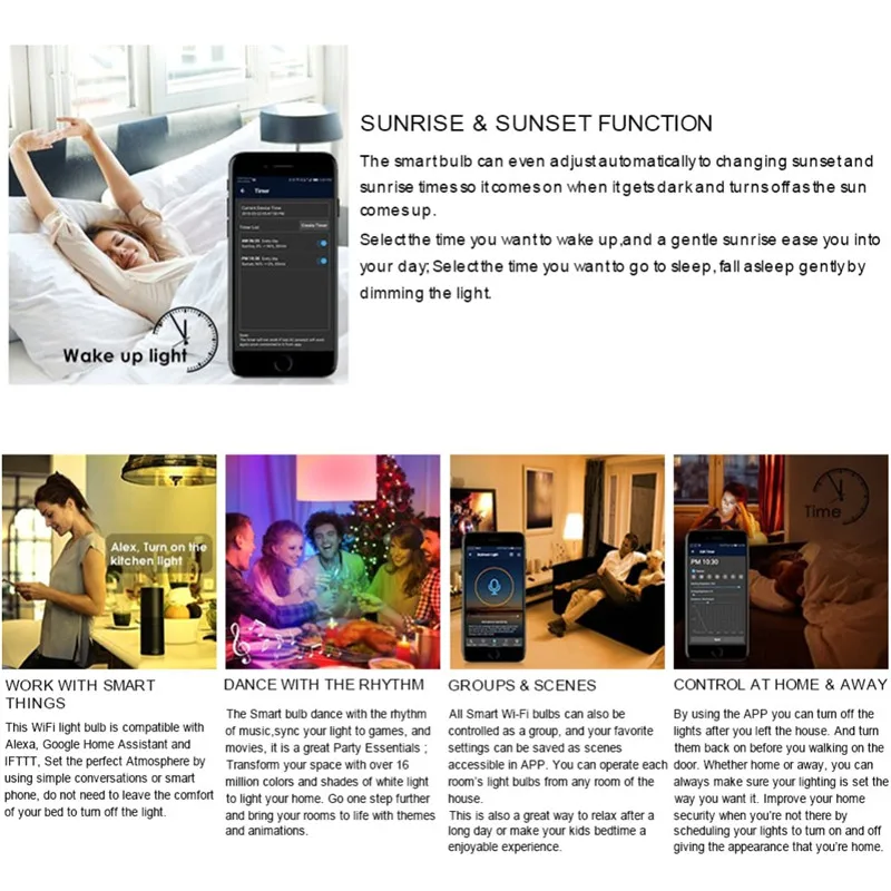 4,5 W/6,5 W Восход Wake-Up WiFi освещение, мобильный телефон, Управление Цвет настраиваемый мягкий, холодный белый, RGB авто светодиодный умный светильник лампа пламени