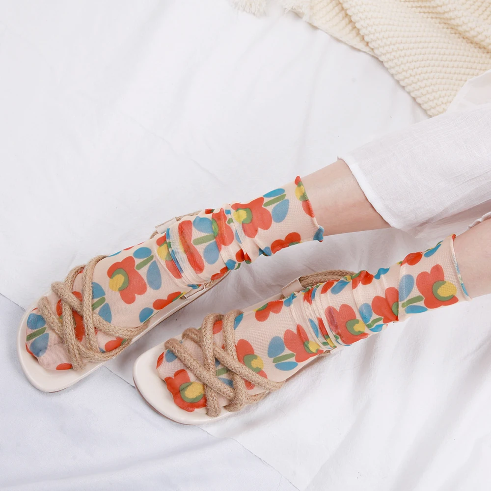 Летние носки с цветочным принтом сетчатые Женские повседневные тонкие из