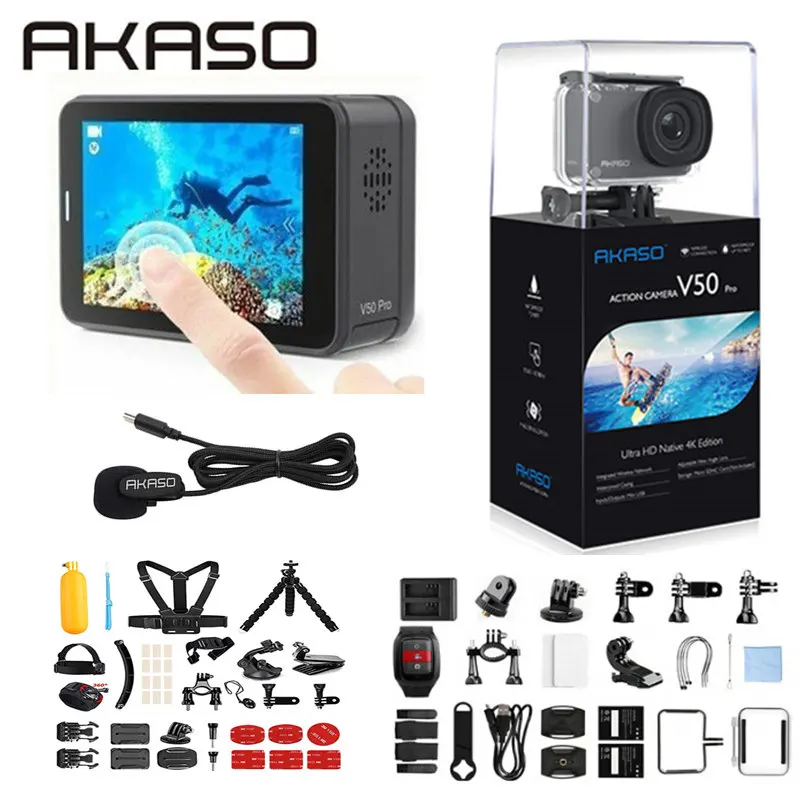 AKASO V50 Pro родная 4 K/30fps 20MP WiFi Экшн-камера EIS с сенсорным экраном 30m Водонепроницаемая Спортивная камера 4k с поддержкой внешнего Micro - Цвет: 14 Accessories and M