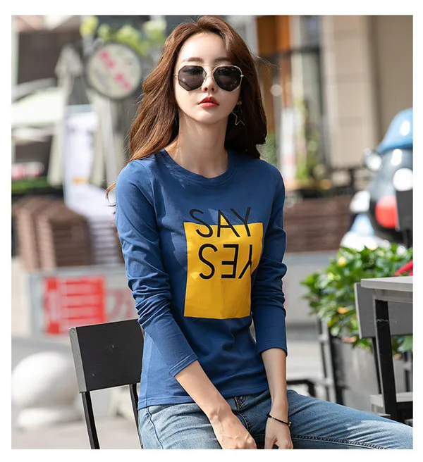 5537 blue Новинка, женская футболка с длинным рукавом, хлопковые футболки для женщин, модный принт, женская футболка, повседневные зимние топы, футболки - Цвет: 5537 blue