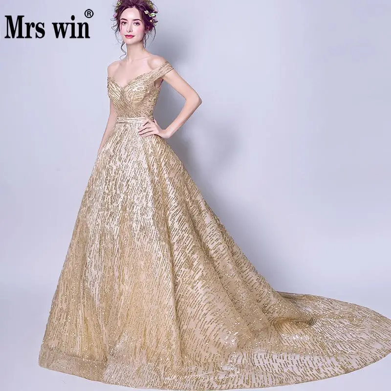 Mrs Win, Новое Великолепное блестящее вечернее платье, сексуальное, с вырезом лодочкой, золотое, для невесты, для ужина, тост, длинное, секционное, для банкета, платье, праздничное, L