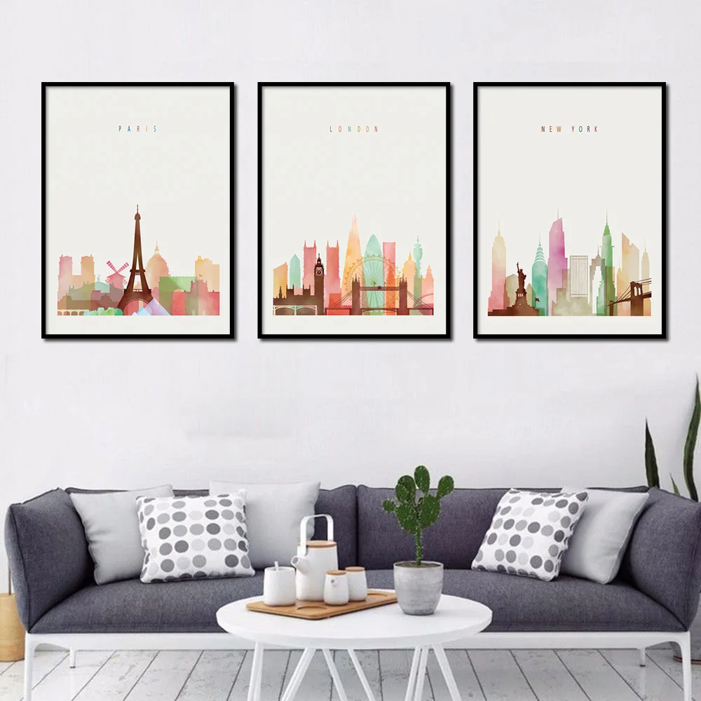 Париж Нью Йорк Лондонский город горизонт скандинавские плакаты и принты