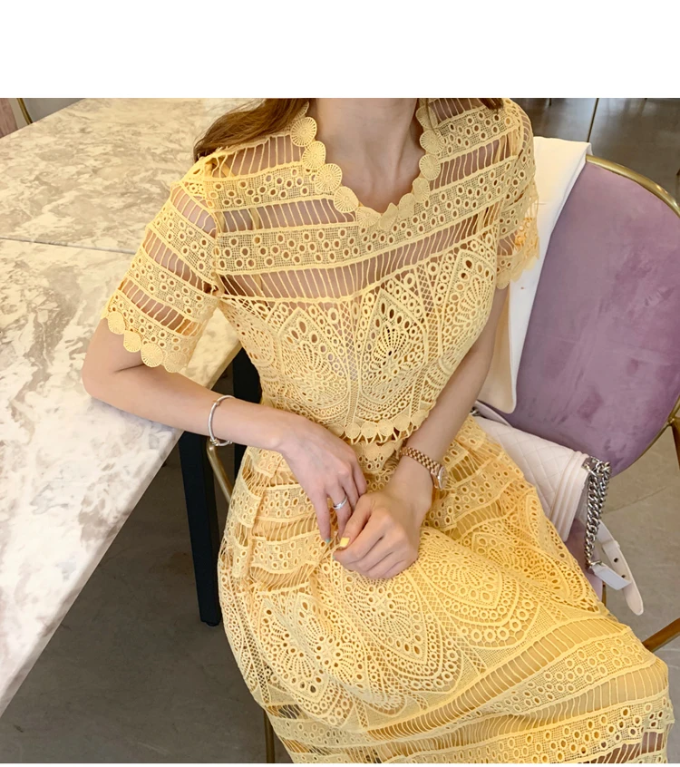 Новое модное летнее ажурное кружевное платье для женщин с коротким рукавом