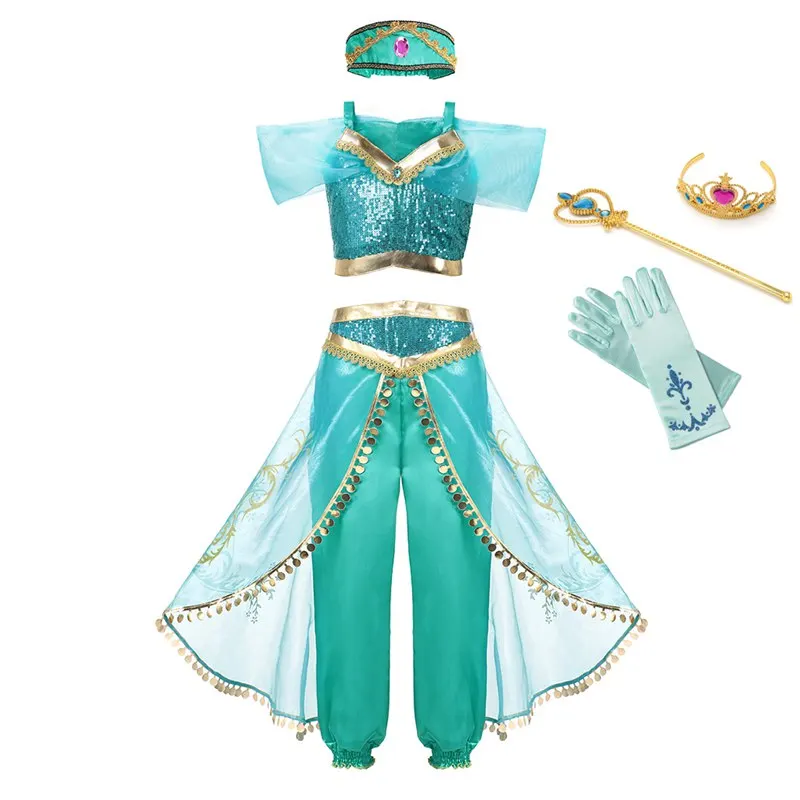 Jasmine Dress Set MUABABY; летнее платье для девочек; костюм принцессы «арабский Жасмин»; детская одежда без рукавов с блестками для костюмированной вечеринки; Детские вечерние платья - Цвет: Jasmine Dress Set