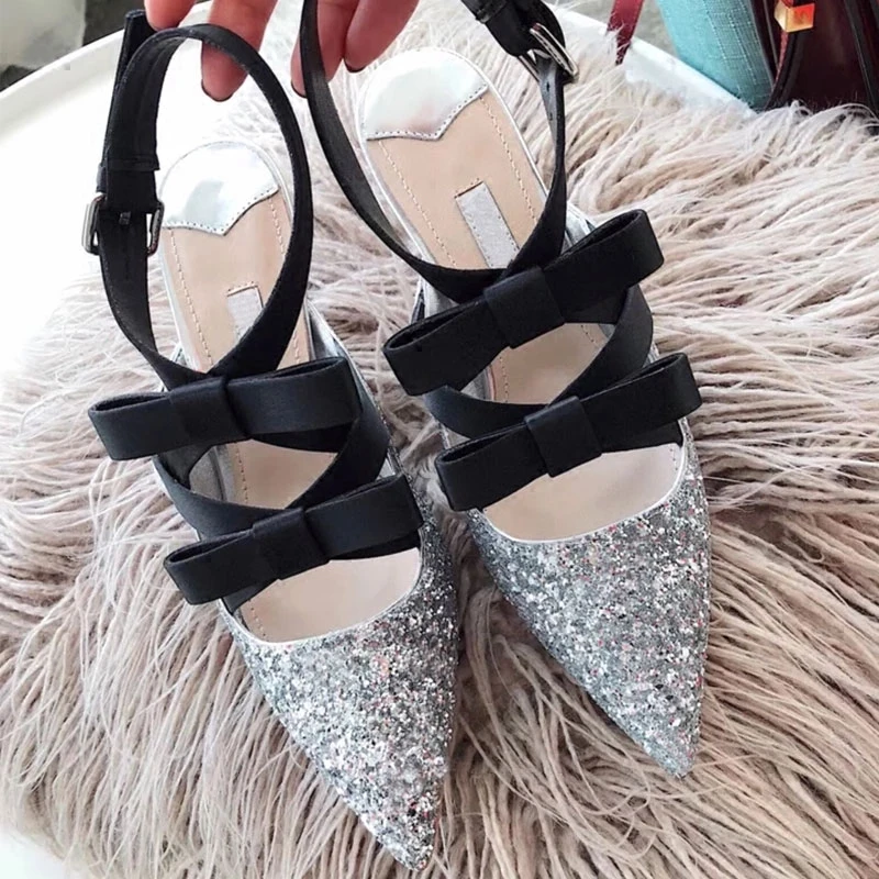 

2018 Summer Spring Sexy Woman Sandals Bow Sequins Pointed Roman high heel sandals