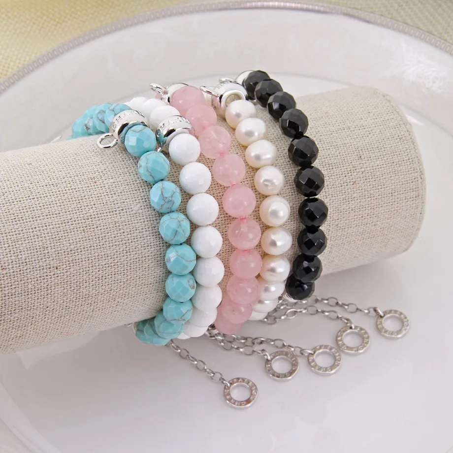 

Thomas Rose Pink Quartz Pearl Black Nature Stone Beads Bracelet Fit TS Charm, Glam Jewelry Soul Gift for Women TS B504x