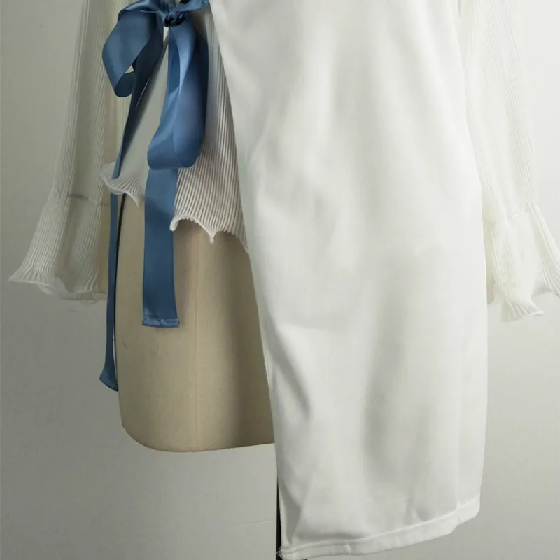 

Harajuku Perspective Irregular White Chiffon Blouse Ruffles Shirts Patchwork V-Neck Bow Belted OL Long Flare Sleeve Blusas Tops