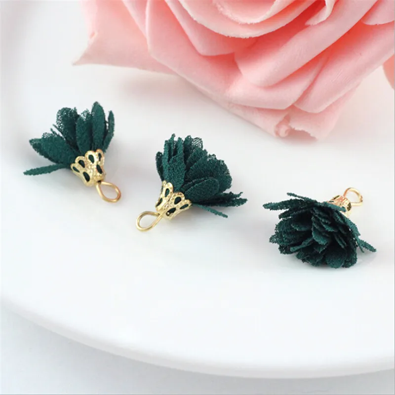 

50pcs/lot wholesale 15mm multi small silk flower fabric tassel gold cap charms pendant for earrings DIY findings jewelry making