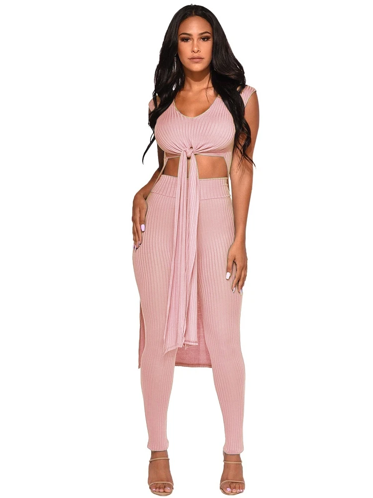 

2 Piece Set Women Crop Tops And Pant Sweat Suits Sexy Club Outfits Two Piece Casual Tracksuit Matching Knitting Two Women Set