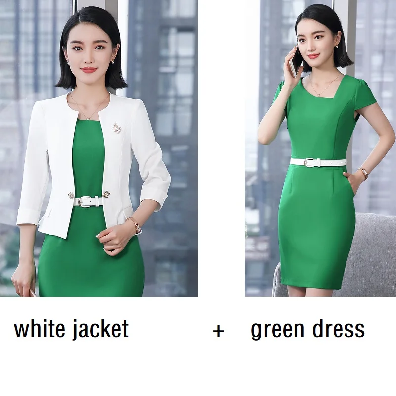 white jacket green ACRMRAC женские костюмы стиль летний костюм средний рукав костюм сплошной цвет тонкий пиджак платье бизнес OL формальное платье костюмы - Цвет: white jacket green