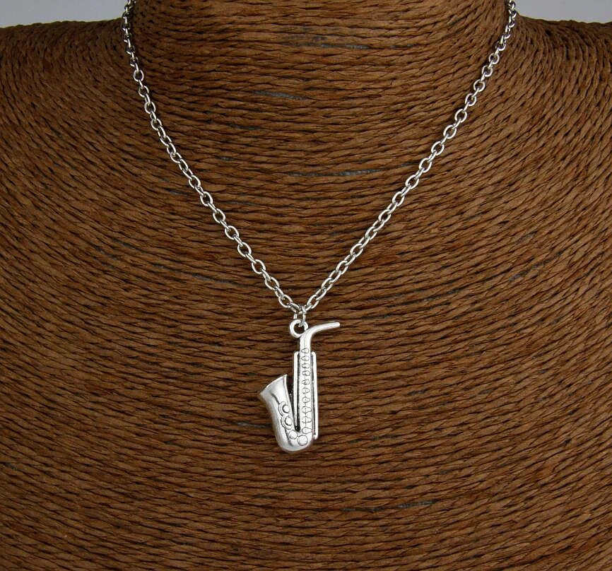 12 шт Горячая сплав Античный Серебряный саксофон амулет талисман Подвеска 45 см