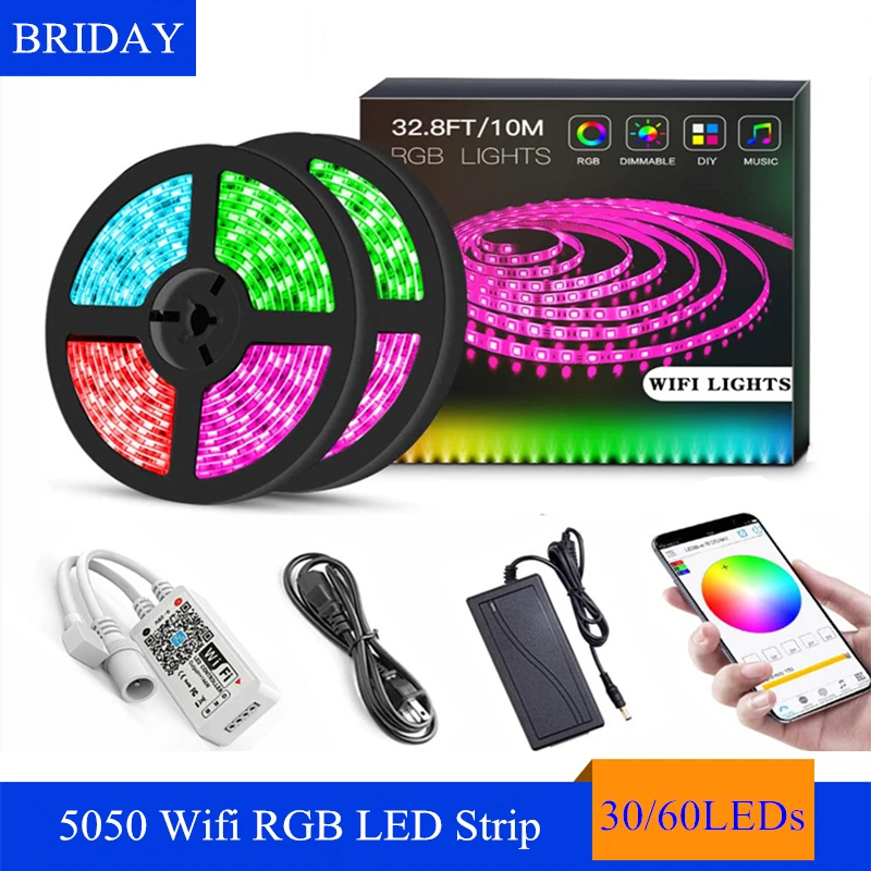 5М / 10М SMD5050 WIFI RGB LED ленточный набор, водонепроницаемый IP65, 300LEDs, красочная гибкая лампа с 24-ключевым контроллером приложения.