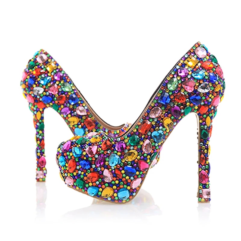 

High Heels Colorful Crystal Women Wedding Shoes Platform Handmade Waterproof Pumps Bridal Shoes Genuine Leather Pumps Big Size