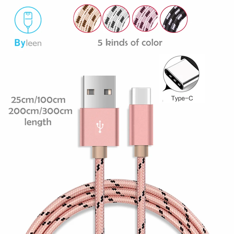 BYLEEN 25/100/200/300 см длинный USB Type C кабель в оплетке для быстрой зарядки зарядное