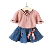new 2019 baby girl clothing set short sleeve v neck t shirtjeans skirt 2pcs korean princess party suits girls clothes for 2 7t