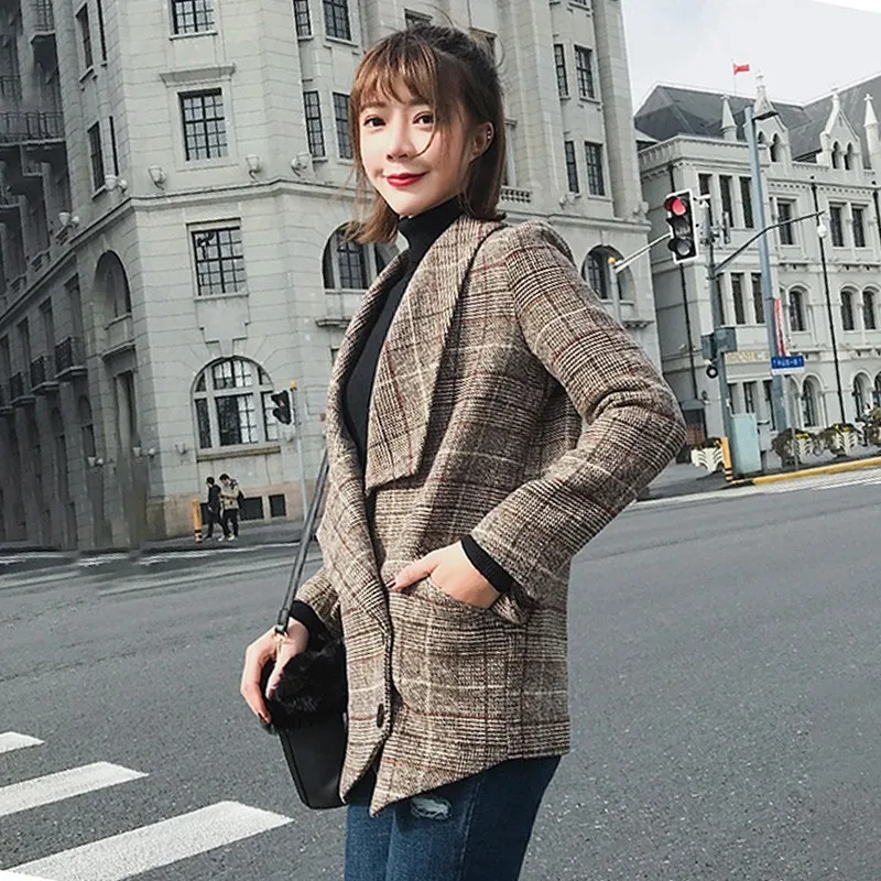 TWOTWIN стильный клетчатый шерстяной Блейзер топы женский двубортный пиджак с