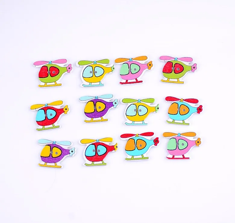 Бесплатная доставка-2015 случайных 100 шт, смешанные 2 отверстия, Мультяшные перевозки, самолёты, деревянные швейные кнопки для скрапбукинга 20х27 мм D2812