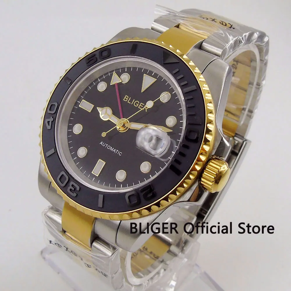 

Sapphire Crystal BLIGER 40MM Black Dial Watch Ceramic Bezel GMT Function Golden Plated Wacase Automatic Movement Men's Watch
