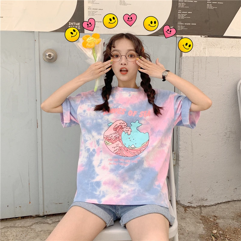 Woherb, Harajuku, футболка с принтом Tie Dye, повседневные летние топы, женские футболки с принтом мультяшных букв, Женская Эстетическая одежда 22528