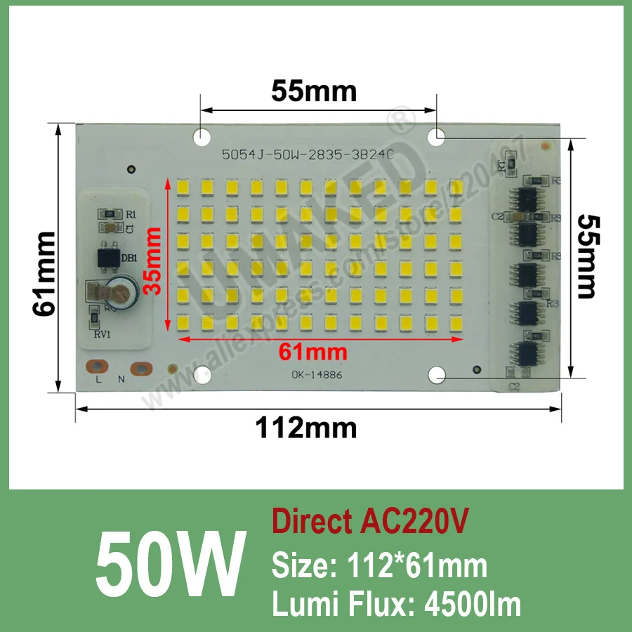 COB светодиодные лампы чип лампа Smart IC 220 В 50 Вт 112x61 мм для наружного Прожектора