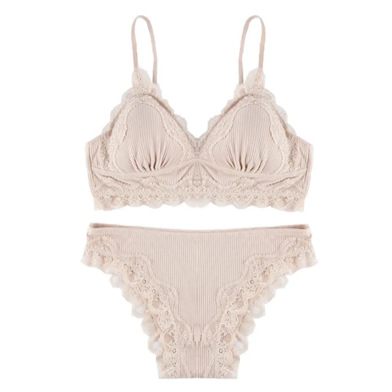 Beige CINOON Модный хлопковый комплект нижнего белья в полоску, Модный комплект с бюстгальтером, сексуальное женское белье, романтичный Соблазнительный комплект из бюстгальтера и трусиков, женское нижнее белье - Цвет: Beige