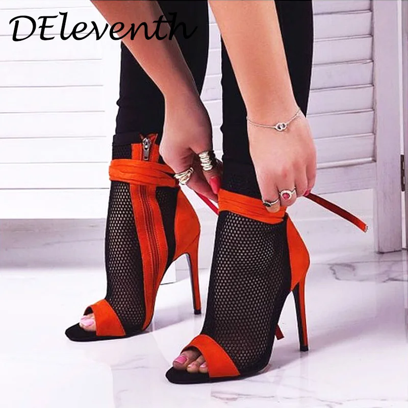 DEleventh Nueva moda пикантные mujeres Zapatos de malla corta cremallera tacones Босоножки с открытым носком