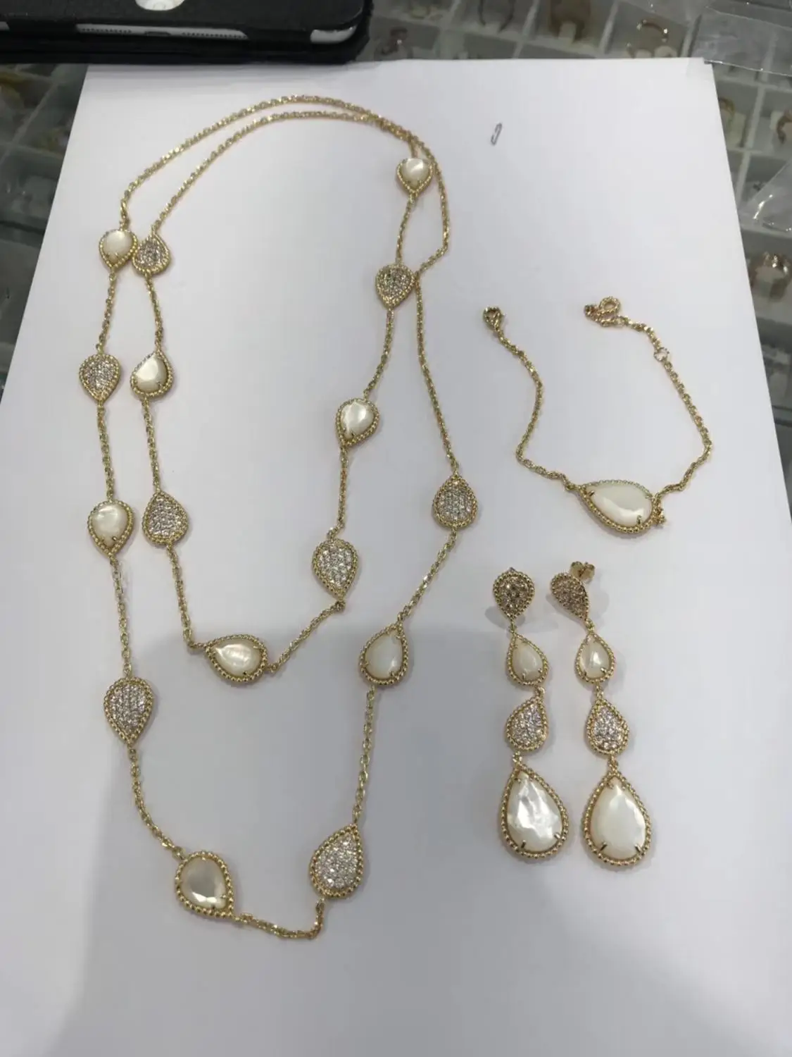 NEW waterdrop CUBIC Zircon long Earrings and necklaces BRACELETS gold-color jewelry sets for women WEDDING party