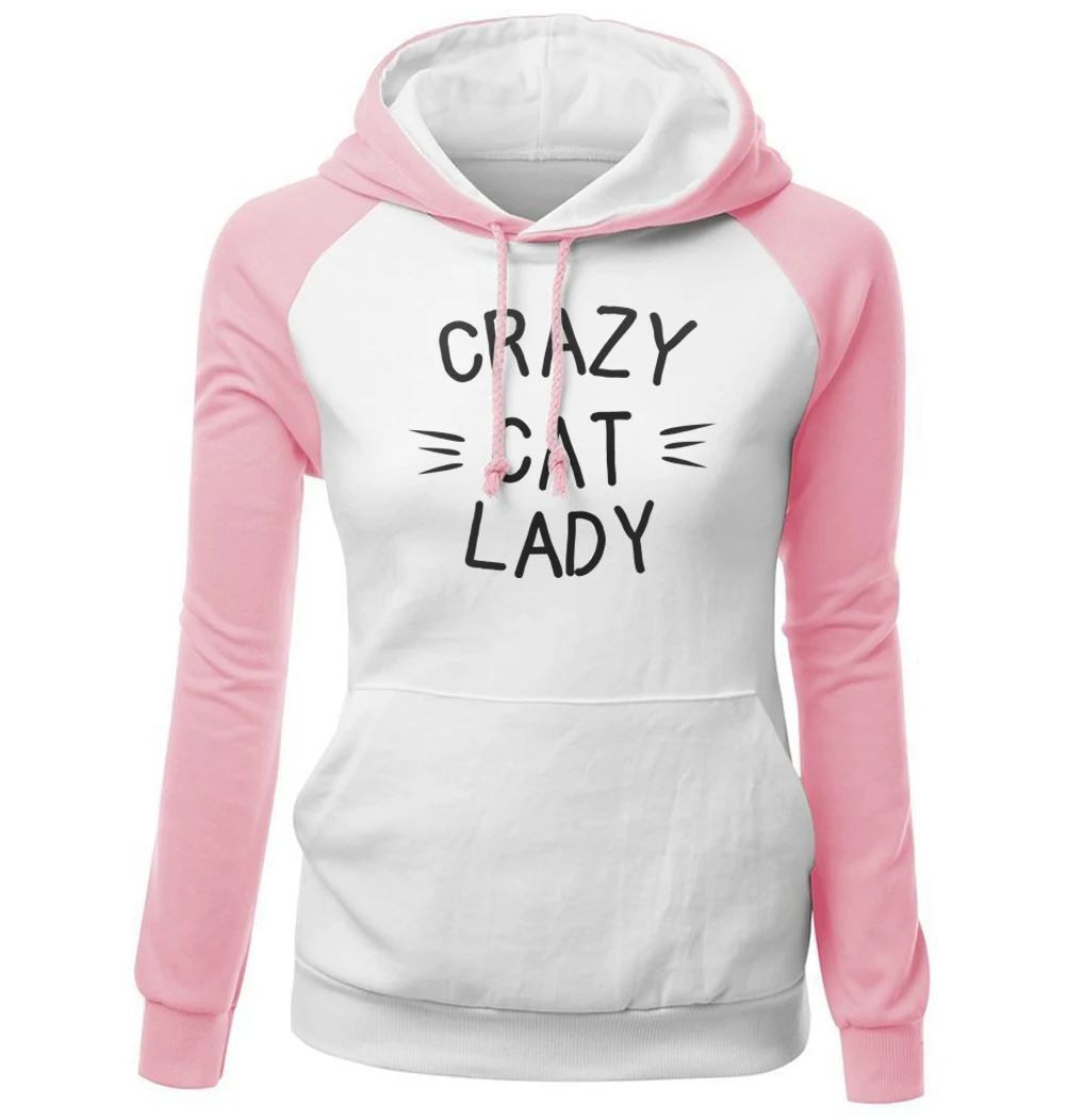 Очаровательные кофты с капюшоном с принтом CRAZY CAT Леди Для женщин Спортивная Новое поступление осень-зима Флисовые Кофты с рукавами-реглан с капюшоном для Для женщин