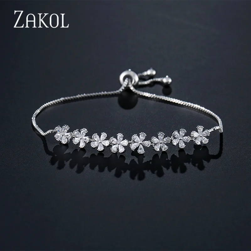 Rhodium plated Бренд ZAKOL в форме цветка, кубический цирконий, кристалл, циркон, регулируемый шнурок, браслеты для женщин, ювелирные изделия, подарки FSBP2114 - Окраска металла: Rhodium plated