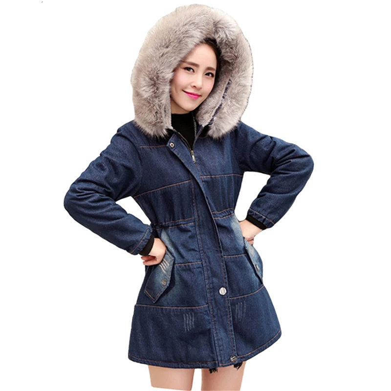 New Coats For Women Casual Denim Jackets Winter Coat Women Raccoon Fur Hooded Thick Warm Outwear Long Cotton Padded Jeans Parkas