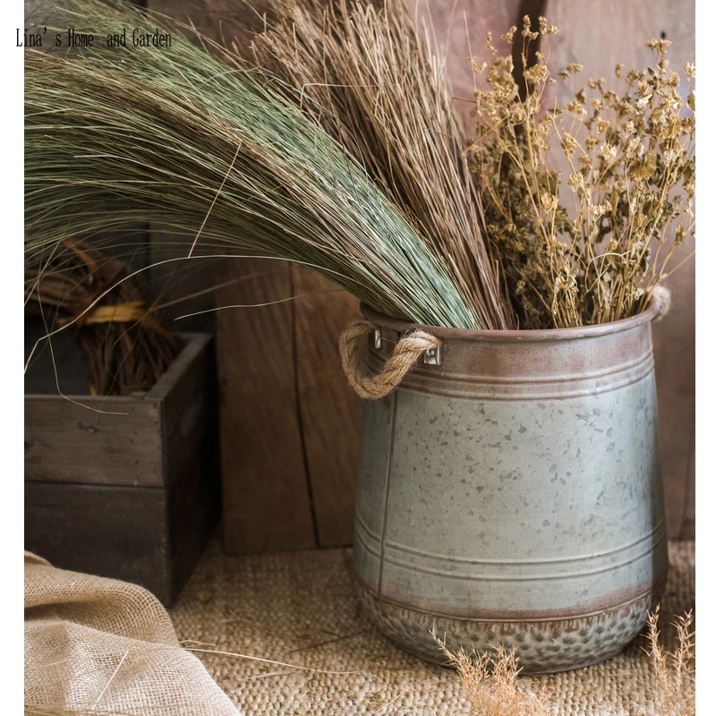 

hemp rope handles tapered handcrafted retro vintage metal planter bucket