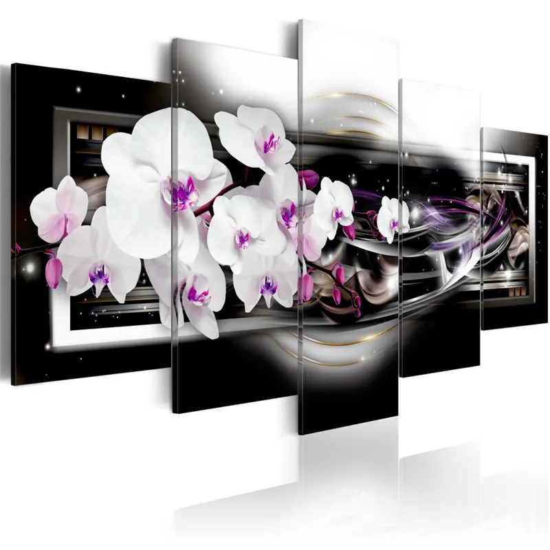 

5 Pieces Beautiful Colorful Orchids Flower Wall Painting Black Blossom Poster Modern Canvas Art Print for Bedroom Home Decor