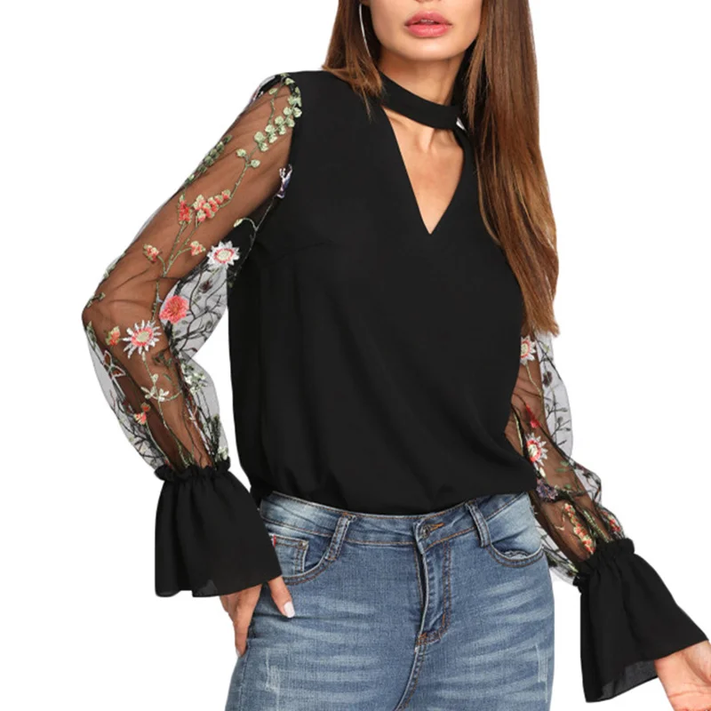Женская длинная сетчатая блузка с вышивкой и v-образным вырезом элегантные