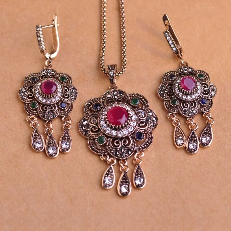 red set Blucome, винтажные турецкие Ювелирные наборы, зеленый цветок, подвеска, ожерелье, золотой цвет, принцесса, крючки, Длинные подвески, ожерелье, серьги, набор - Окраска металла: red set