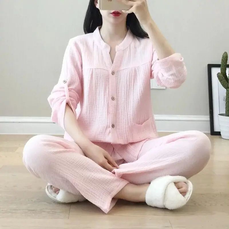 Light pink Хлопок креп v-образным вырезом пижамы костюм женщин осенью тонкий марли небольшой стоячий воротник с длинными рукавами брюки Корейский досуг дома обслуживание - Цвет: Light pink