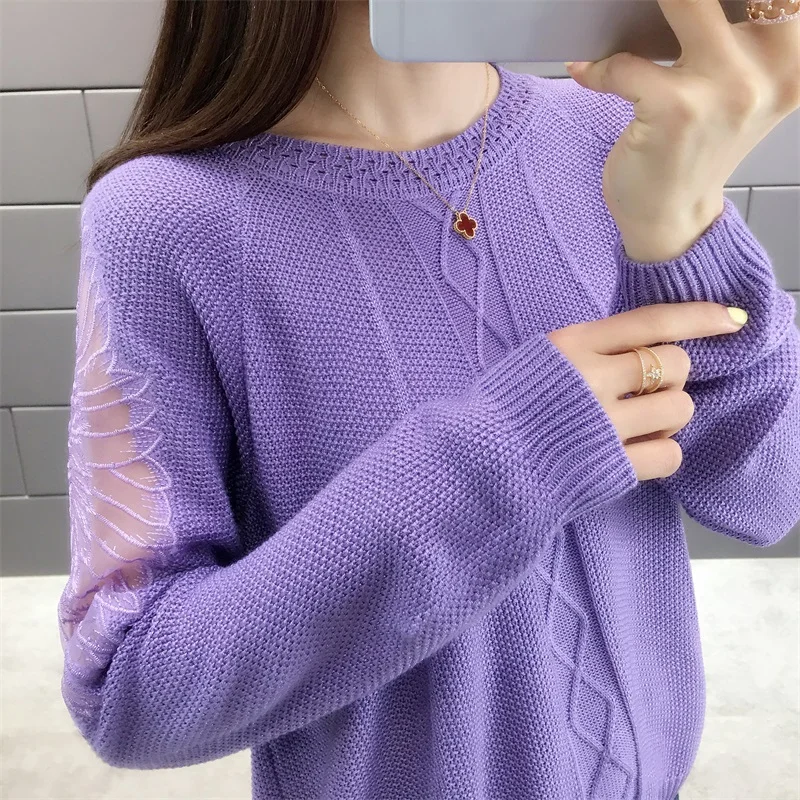 2020 (had 1 ranked no. 3) spring new round collar sweater clip bright silk raglan sleeve lace embroidery ladies' 44 | Женская одежда
