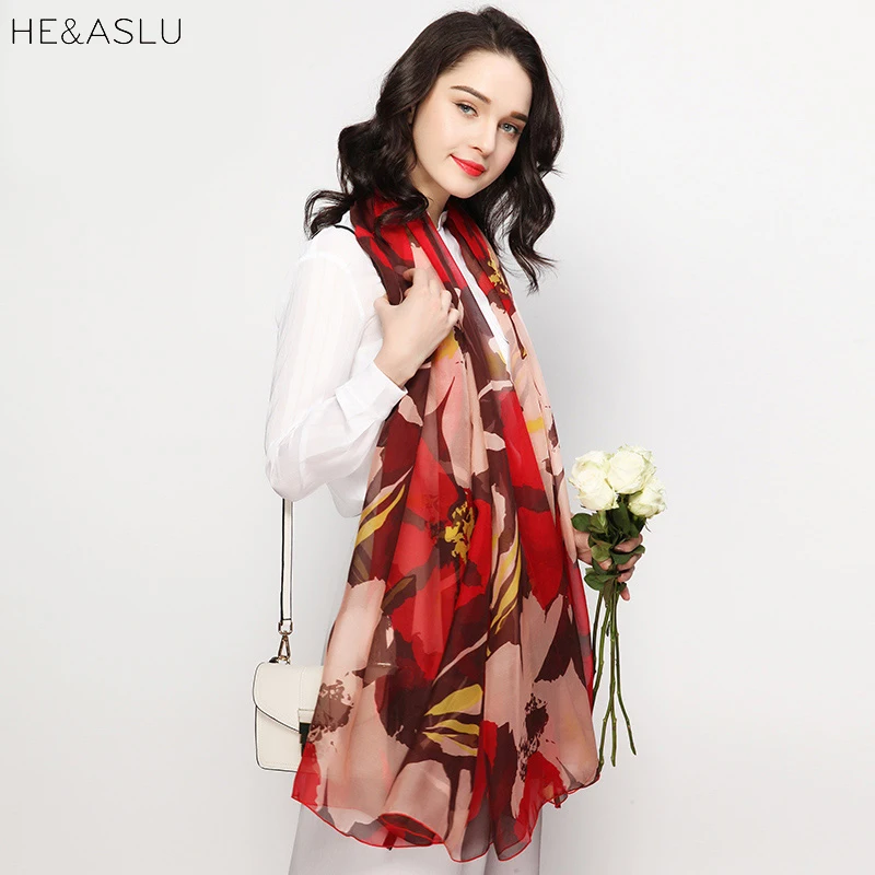 Heaslu Новый Мода 2017 г. мягкий тонкий шифон шелковый шарф Женщины Red Beauty печатных