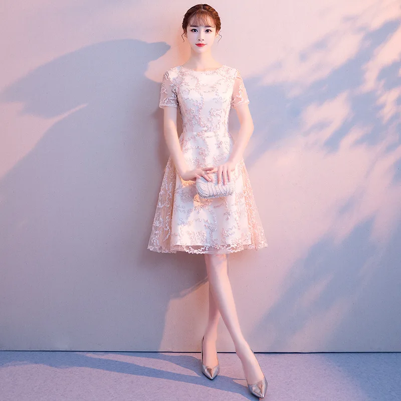 Champagne Elegant Evening Dress Pink Lace Appliques Evening Dresses Short Student Birthday Evening dress for Women ES2582
