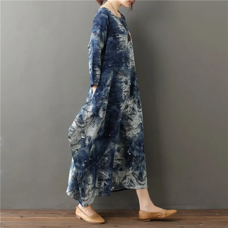 Винтаж большой Размеры Tie Dye три четверти Макси длинное платье лето Ретро О-образным вырезом плюс Размеры халат платье туника платье свободные Vestidos