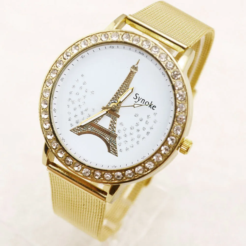 Женские наручные часы из нержавеющей стали с кристаллами башни и золотистой