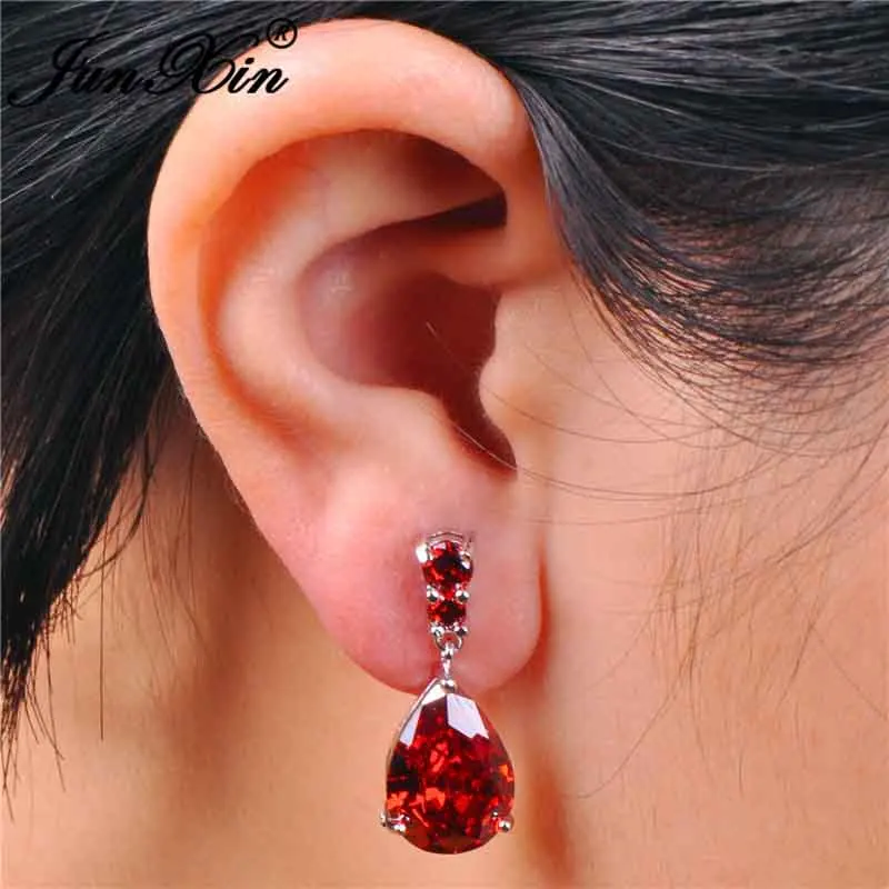 Red Earrings JUNXIN мистический огненный Циркон слеза Циркон Висячие серьги для женщин Фиолетовый Синий Зеленый Радуга камень грушевидной формы свадебные серьги для женщин - Окраска металла: Red Earrings